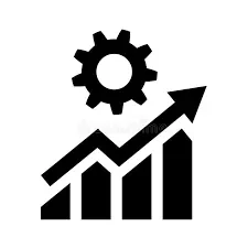 Croissance de productivité Graphique en hausse avec une roue dentée et un soleil stylisé.